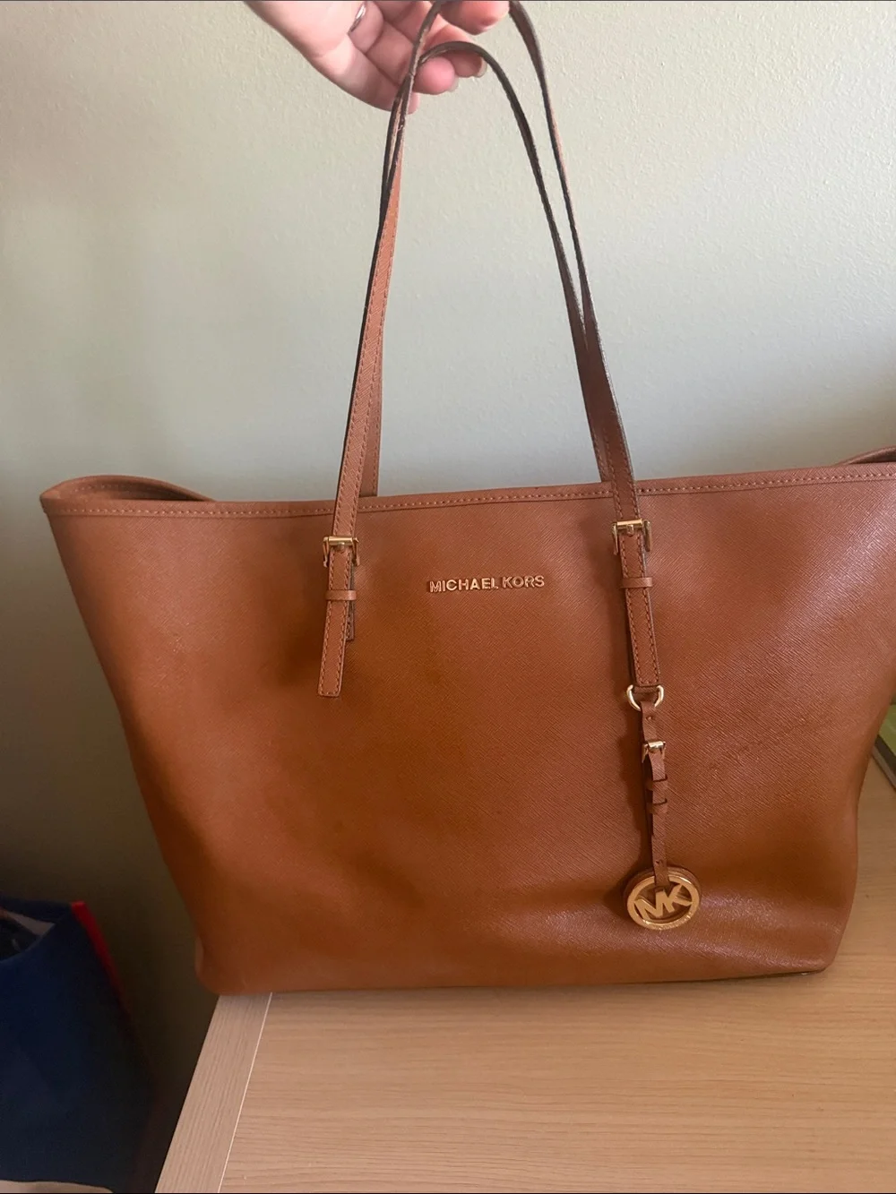 Michael Kors Cognac Leather Tote with Gold Logo Charm